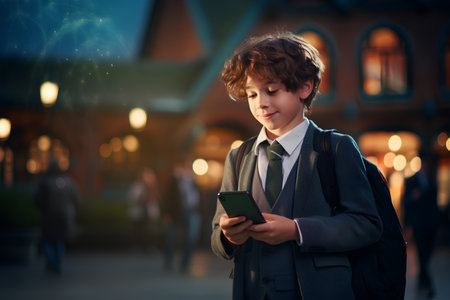 Cute schoolboy with mobile phone in the city at night.の素材