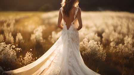 Beautiful bride in white wedding dress posing in field at sunset.の素材