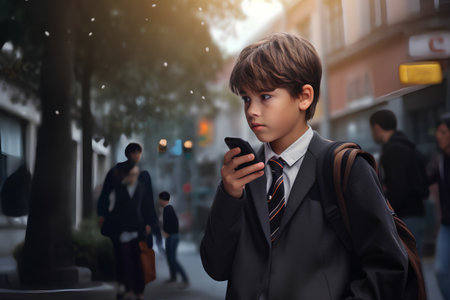Portrait of a schoolboy using his smart phone in the streetの素材
