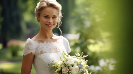 Portrait of a beautiful bride with a bouquet of flowers.の素材