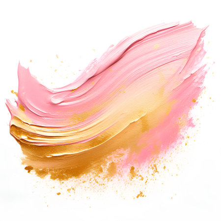 Pink and golden paint brush strokes isolated on white background. Acrylic painting.の素材