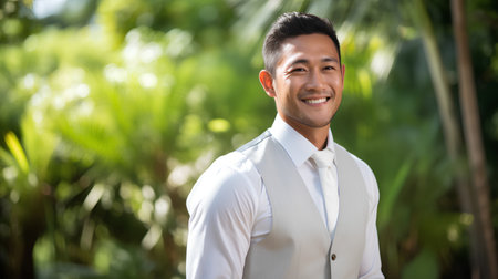 Portrait of a handsome asian man smiling and looking at cameraの素材