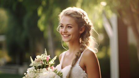 Portrait of beautiful bride with bouquet of flowers in her handの素材