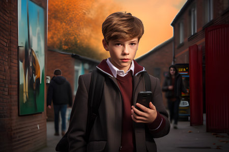 Young boy in a red coat with a mobile phone on the street.の素材