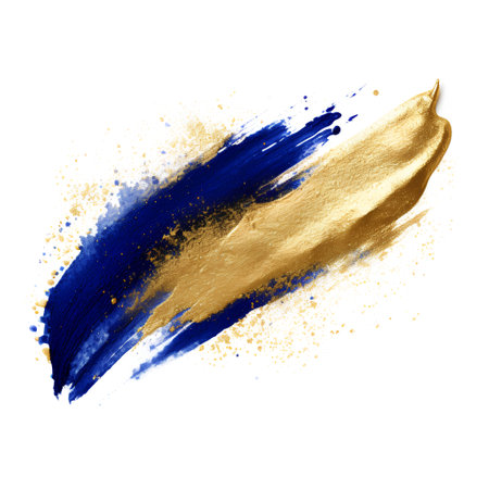 Gold and blue paint brush strokes isolated on white background. Abstract hand drawn art illustration.の素材