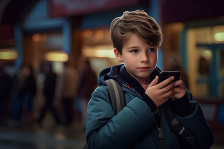 Little boy with mobile phone in the city at night. Portrait of a child in a blue coat.の素材