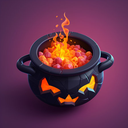 Halloween witch cauldron with potion and fire. Vector illustration.の素材