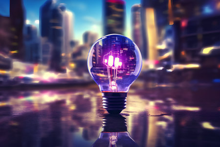 Glass light bulb on blurred city background, idea concept. 3D Renderingの素材