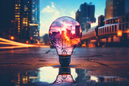 Glowing light bulb on abstract city background. 3D Renderingの素材