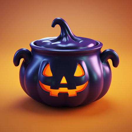 Halloween pumpkin Jack O' Lantern. 3d render illustration isolated on orange backgroundの素材
