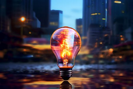 Glowing light bulb on blurred city background, 3D rendering.の素材