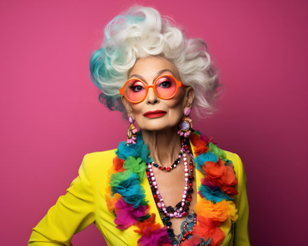 Fashionable senior woman in bright colorful clothes. Studio shot.の素材