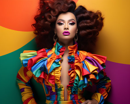 Fashion model with bright make-up and curly hairstyle.の素材