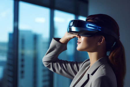 Young businesswoman wearing virtual reality goggles in office. 3D renderingの素材
