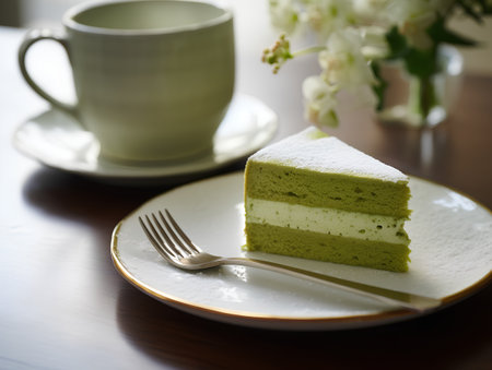 Green tea cake and cup of coffee on wooden table. Selective focus.の素材