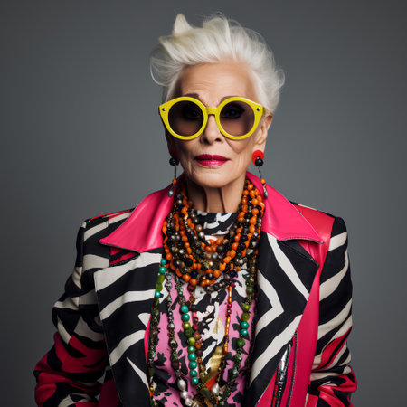 Fashionable senior woman in sunglasses and bright clothes. Beauty, fashion.の素材