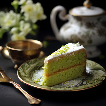 Sponge cake with green tea on a dark background. Selective focus.の素材