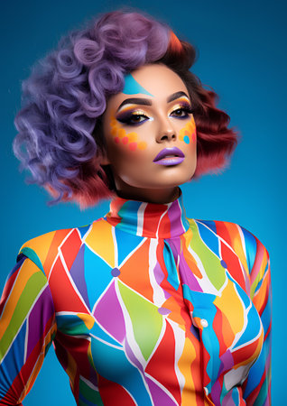 Fashion portrait of a beautiful young woman with bright make-up and purple hair.の素材