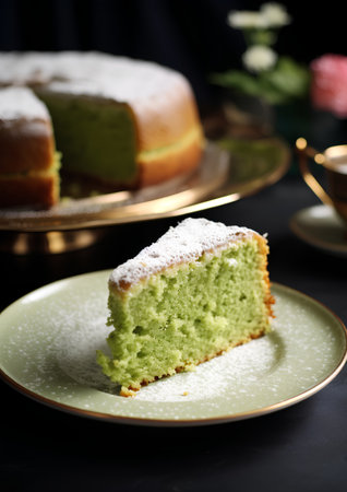 Green tea cake with icing sugar and cup of tea on dark backgroundの素材