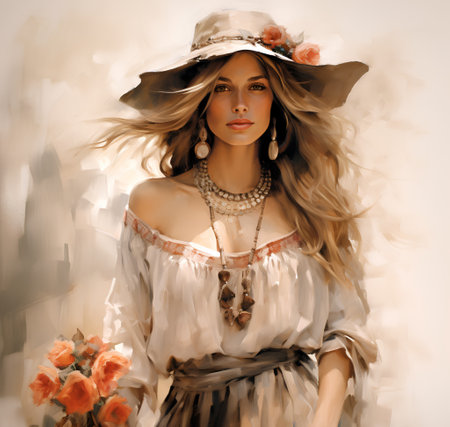 portrait of a beautiful woman in a hat and dress with flowersの素材