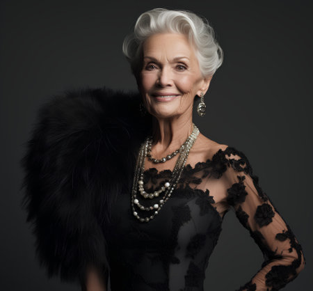 Portrait of a beautiful senior woman posing in a black dress.の素材