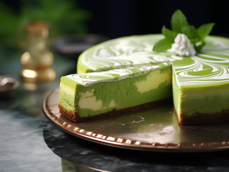 Green tea cheesecake on a dark background. Selective focus.の素材