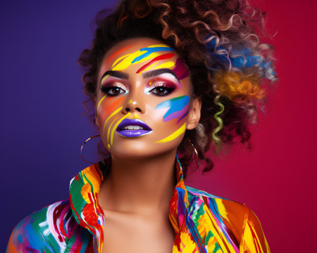 Beautiful african american woman with creative multicolored makeup.の素材