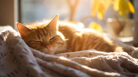 Cute ginger cat sleeps on warm knitted plaid. Cozy home concept.の素材