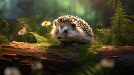 Hedgehog in the forest at night. 3D illustration.の素材