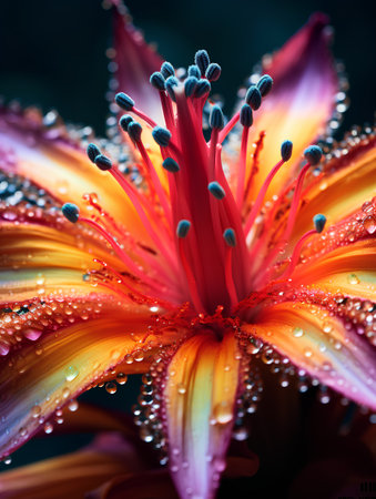 Macro shot of beautiful lily flower with dew drops.の素材