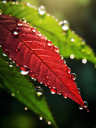 Red leaf with dew drops in the morning. Nature background.の素材