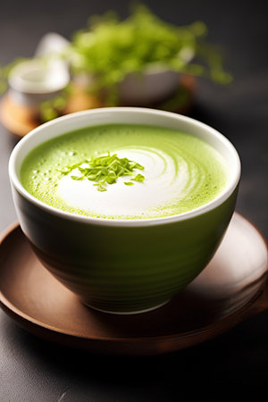 A bowl of matcha latte green tea on a dark backgroundの素材