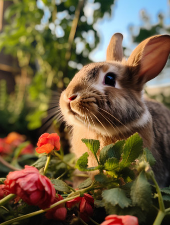 Cute little bunny with flowers in the garden. Easter background.の素材