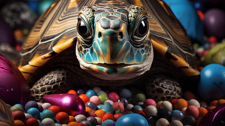 Close-up of a tortoise with Easter eggs in the backgroundの素材