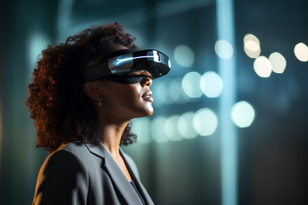 Young african american woman wearing virtual reality goggles. Future technology concept.の素材