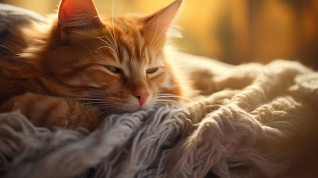 Cute ginger cat lying on warm knitted plaid in sunlightの素材