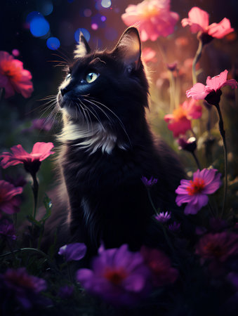 Beautiful black cat with bright blue eyes sitting among pink flowers.の素材