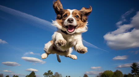 Cute dog jumping in the air with blue sky and clouds backgroundの素材