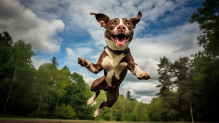 American staffordshire bull terrier jumping high in the air.の素材