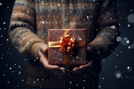 holidays, presents and people concept - close up of woman in sweater holding christmas gift boxの素材