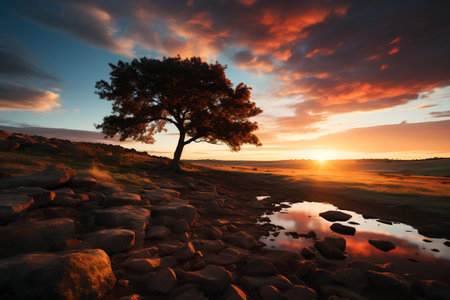 Lonely tree in the field at sunset. 3d renderの素材