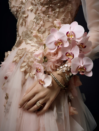 Beautiful female hands with orchids and jewelry on black backgroundの素材