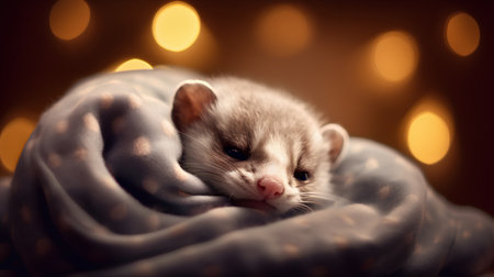 Cute little ferret in a warm scarf on a bokeh backgroundの素材