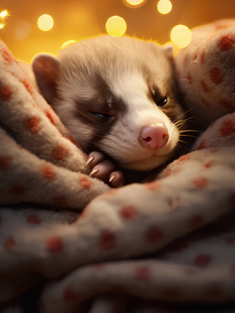Cute ferret puppy sleeping under plaid with bokeh backgroundの素材