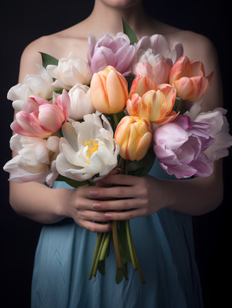 Beautiful woman with tulips bouquet in hands on black backgroundの素材