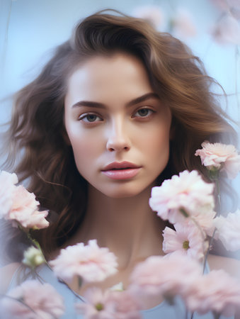 Portrait of a beautiful young woman with pink flowers in her hairの素材