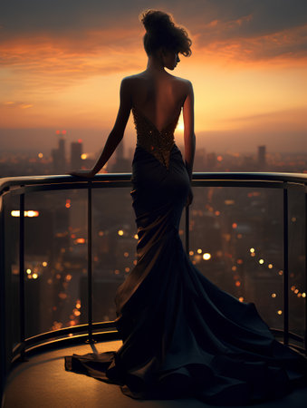 Silhouette of a beautiful woman in a long evening dress on the balcony against the backdrop of the city.の素材