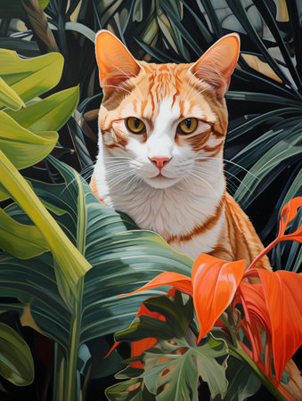 Ginger cat on tropical leaves background. Realistic vector illustration.の素材