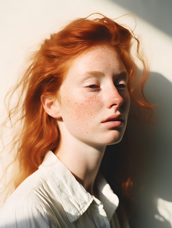 Portrait of a redhead girl with freckles on her faceの素材