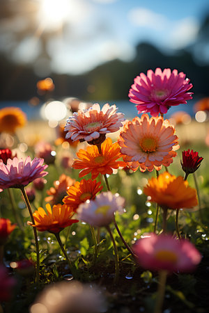 Colorful gerbera flowers in the meadow with sunlight.の素材